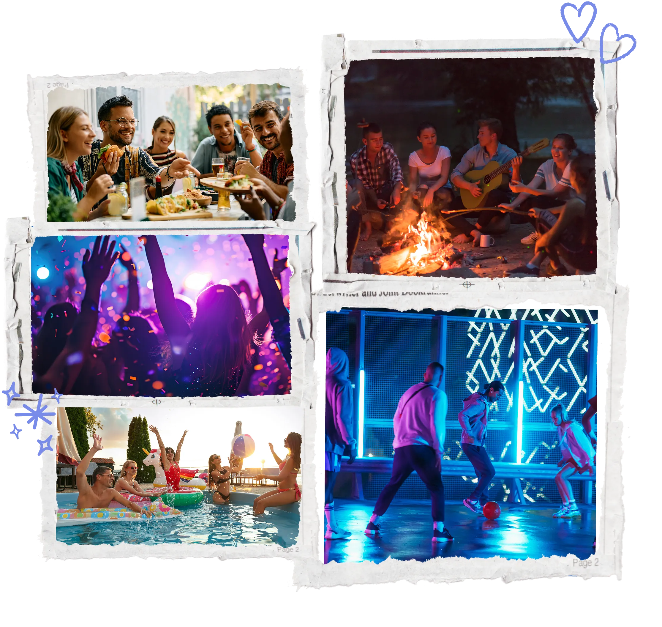 scrapbook of retro prints showing happy friends at events: swimming, party, soccer, disco, and taco tuesday 