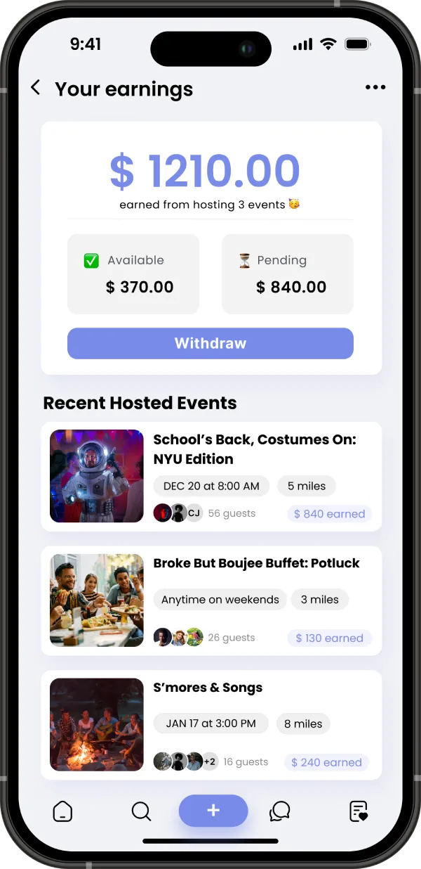 a mobile screen shows thousands earned for a few Flocker events the user hosted