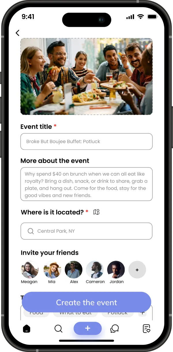 event creation screen for a potluck showing friends eating at a table with small avatars of several friends being invited to join