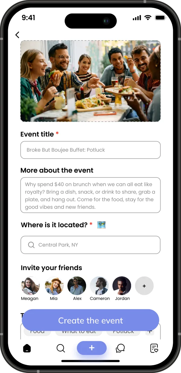 event creation screen for a potluck showing friends eating at a table with small avatars of several friends being invited to join