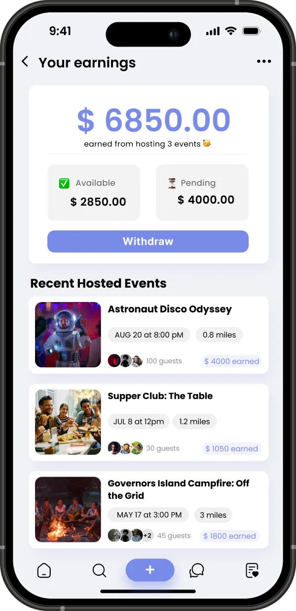 a mobile screen shows thousands earned for a few Flocker events the user hosted