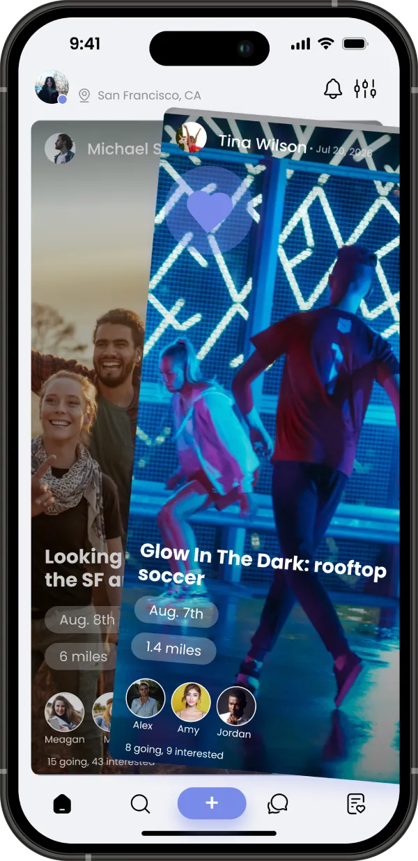 real life event feed showing user swiping cards that show who is going and how far away events are